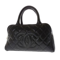 CHANEL quilted black Small CAVIAR bowler top handle handbag bag 
