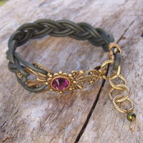 Braided Green Leather Bracelet with Antique Gold and Mauve Crystal