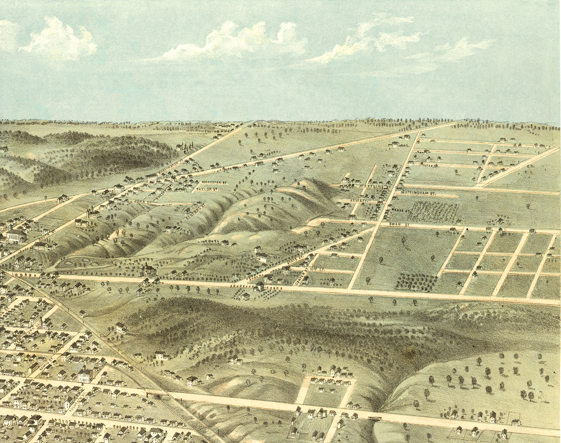 Lafayette, Indiana in 1868 Bird's Eye View Map, Aerial, Panorama