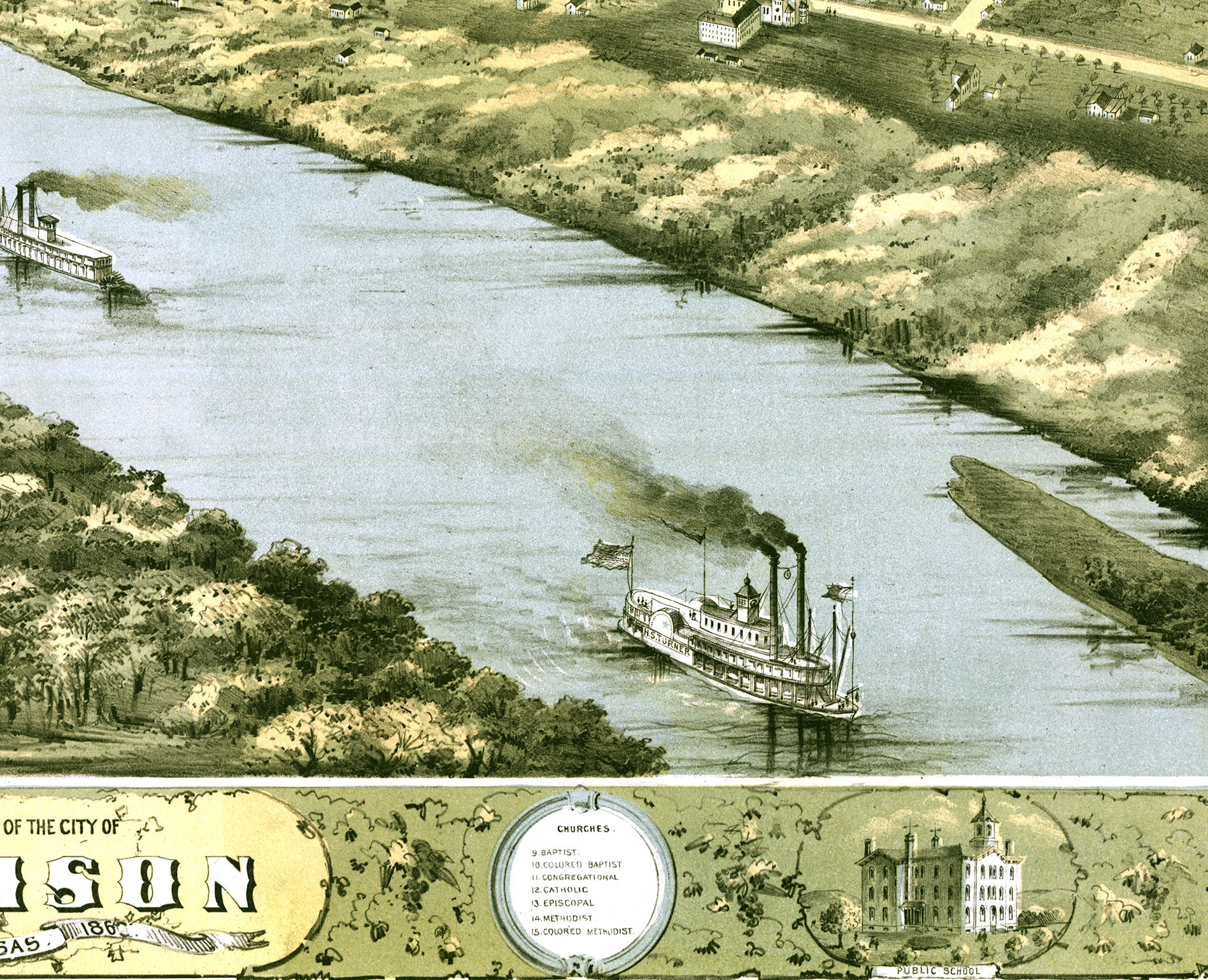 Atchison, Kansas in 1869 Bird's Eye View Map, Aerial, Panorama