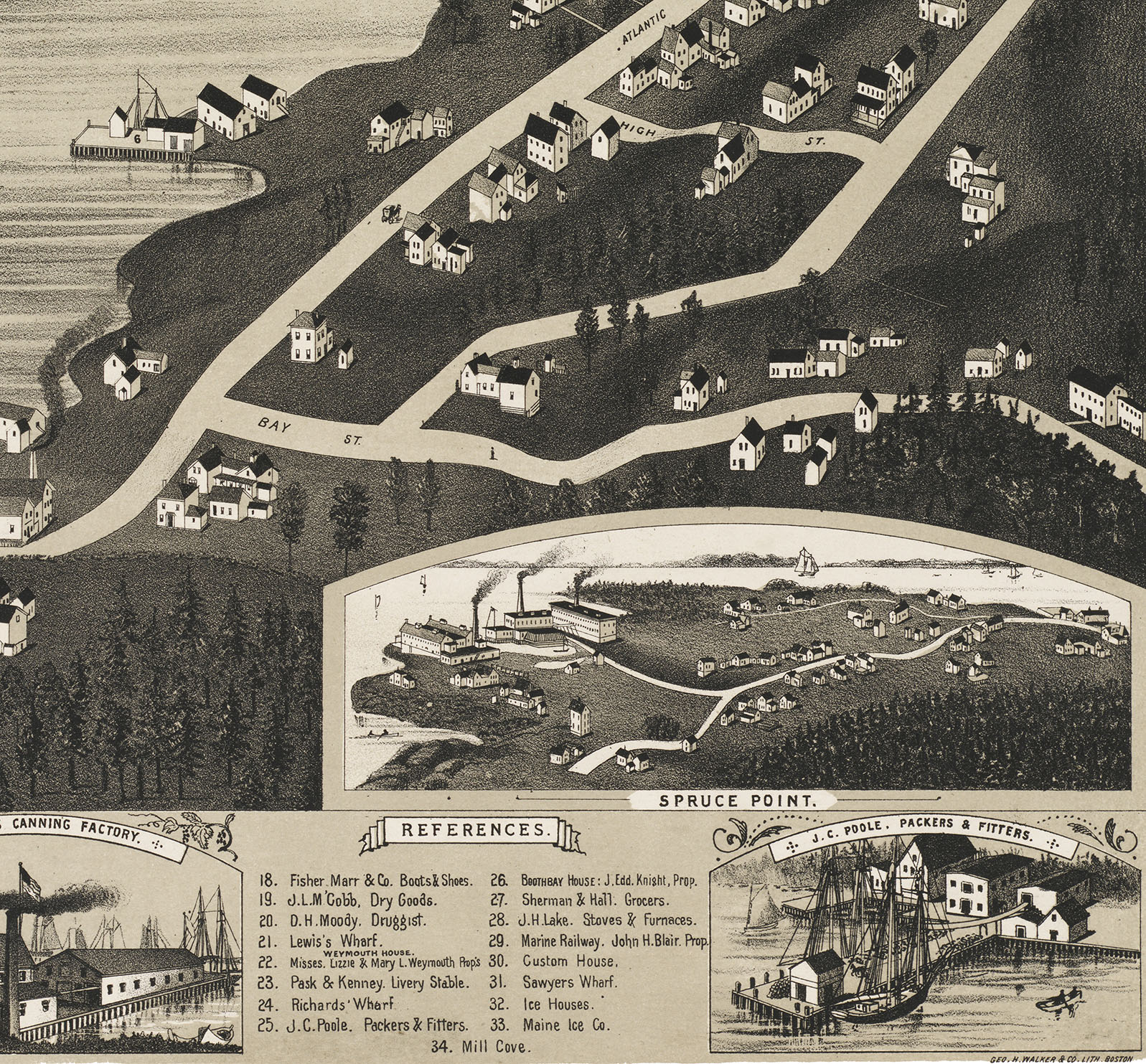 Boothbay Harbor, Maine in 1885 Bird's Eye View Map, Aerial, Panorama