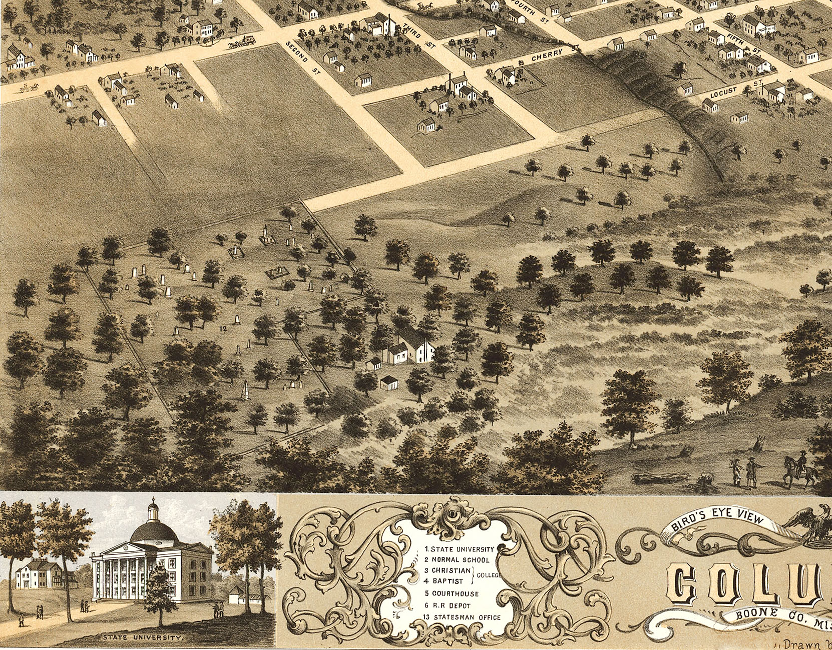 Columbia, Missouri in 1869 Bird's Eye View Map, Aerial, Panorama