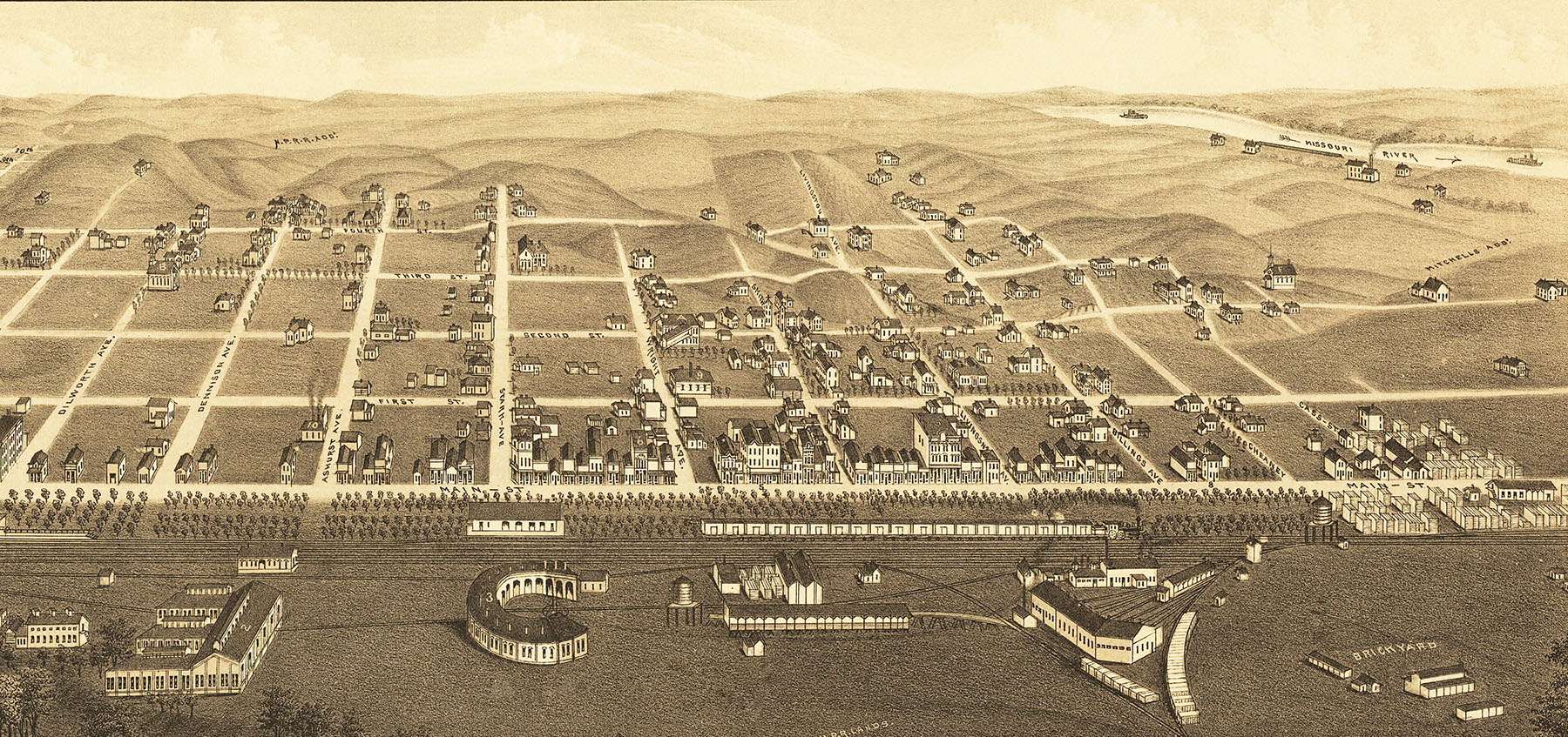 Mandan, North Dakota in 1883 Bird's Eye View Map, Aerial, Panorama