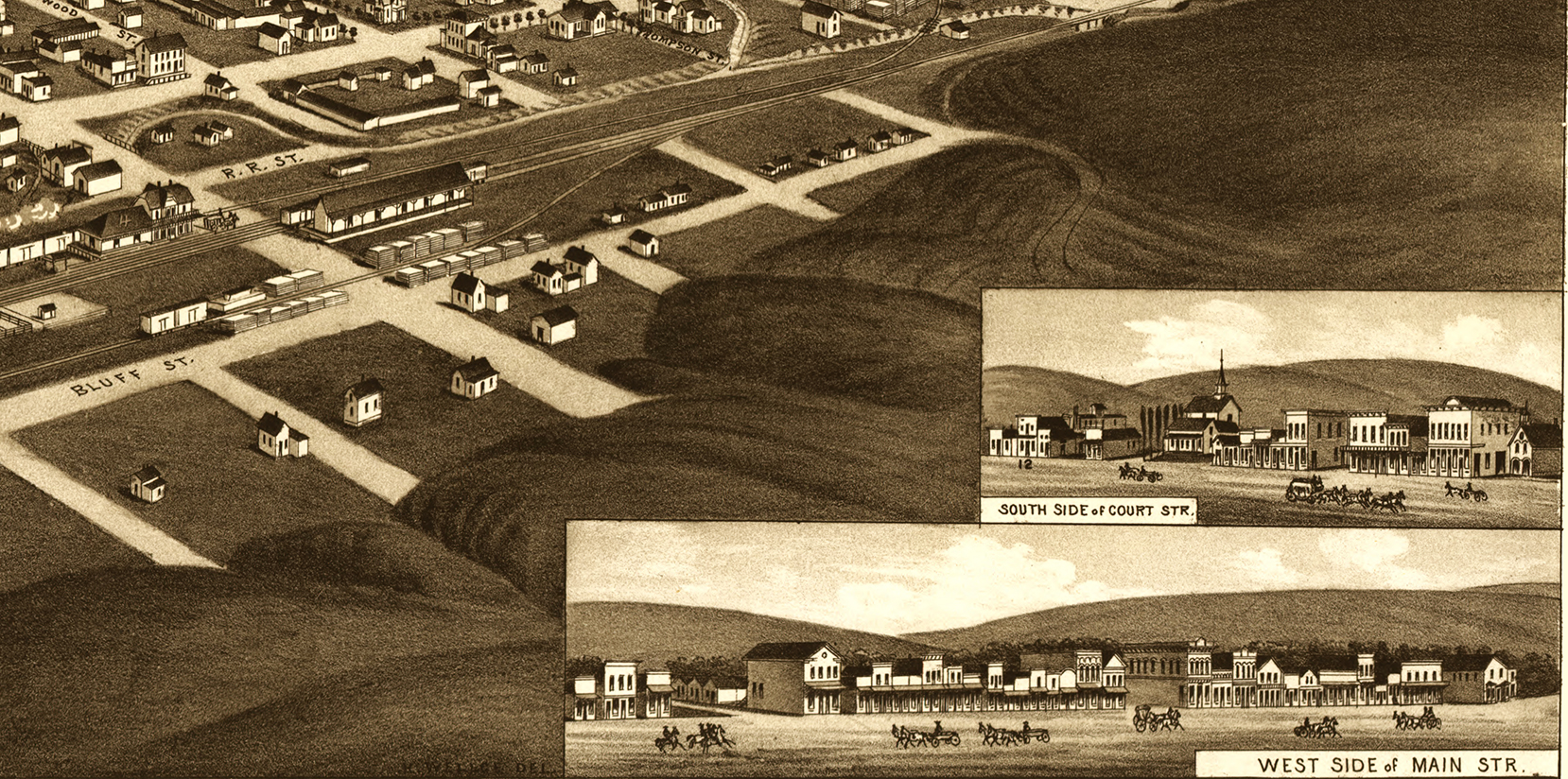 Pendleton, Oregon in 1884 Bird's Eye View Map, Aerial Map, Panorama