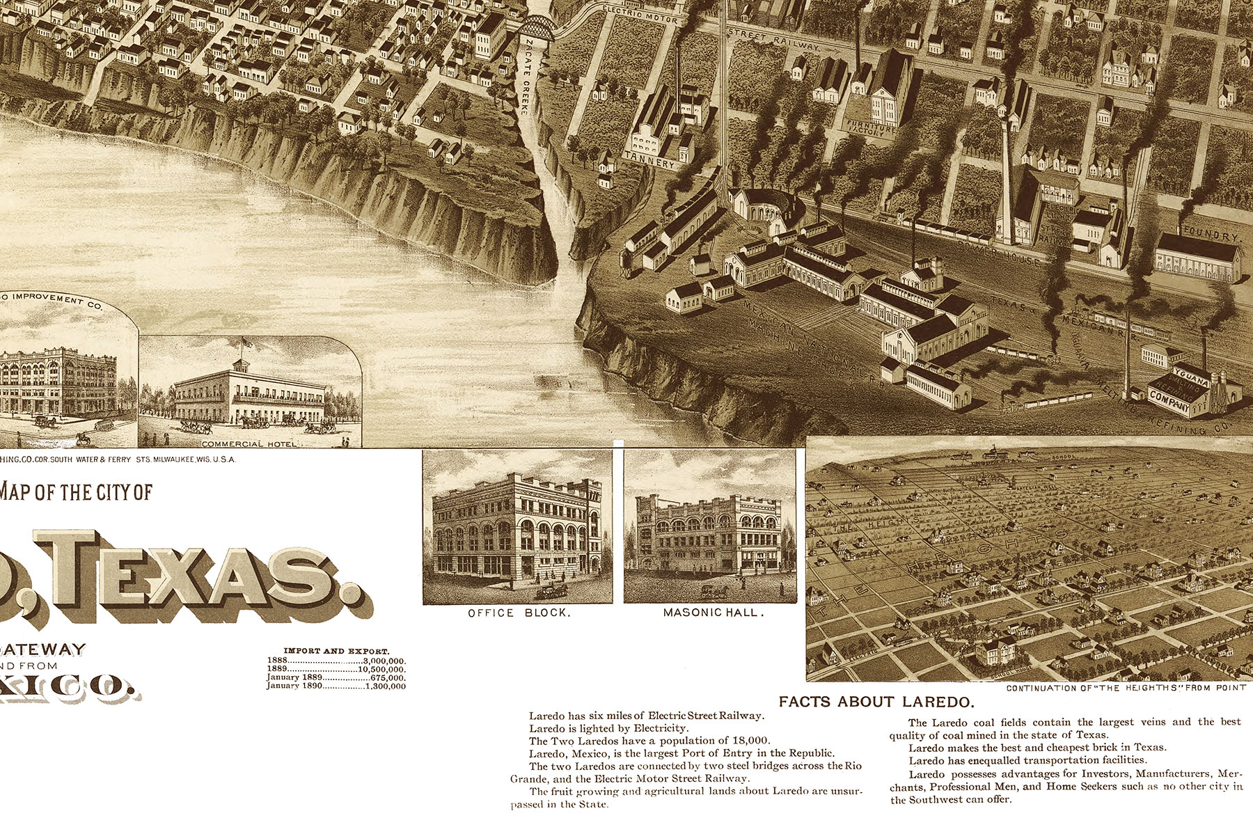 Laredo, Texas in 1892 Bird's Eye View, Aerial Panorama, Vintage, Antique Map, Reproduction