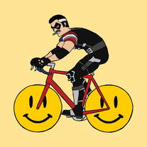 The Comedian riding bike with smiley face wheels, 5x5 print
