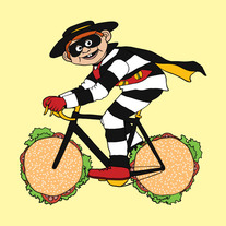 Hamburglar riding bike with stolen hamburger wheels, 5x5 print