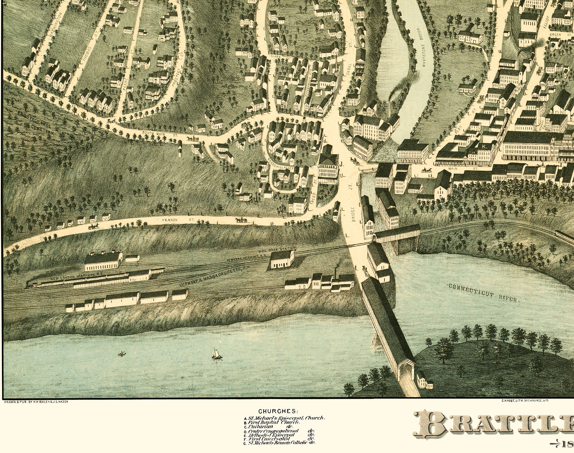 Brattleboro, Vermont in 1876 Bird's Eye View, Aerial map, Panorama, Vintage, Antique map