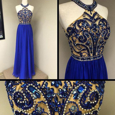 Royal Purple Beaded Halter Prom Dresses