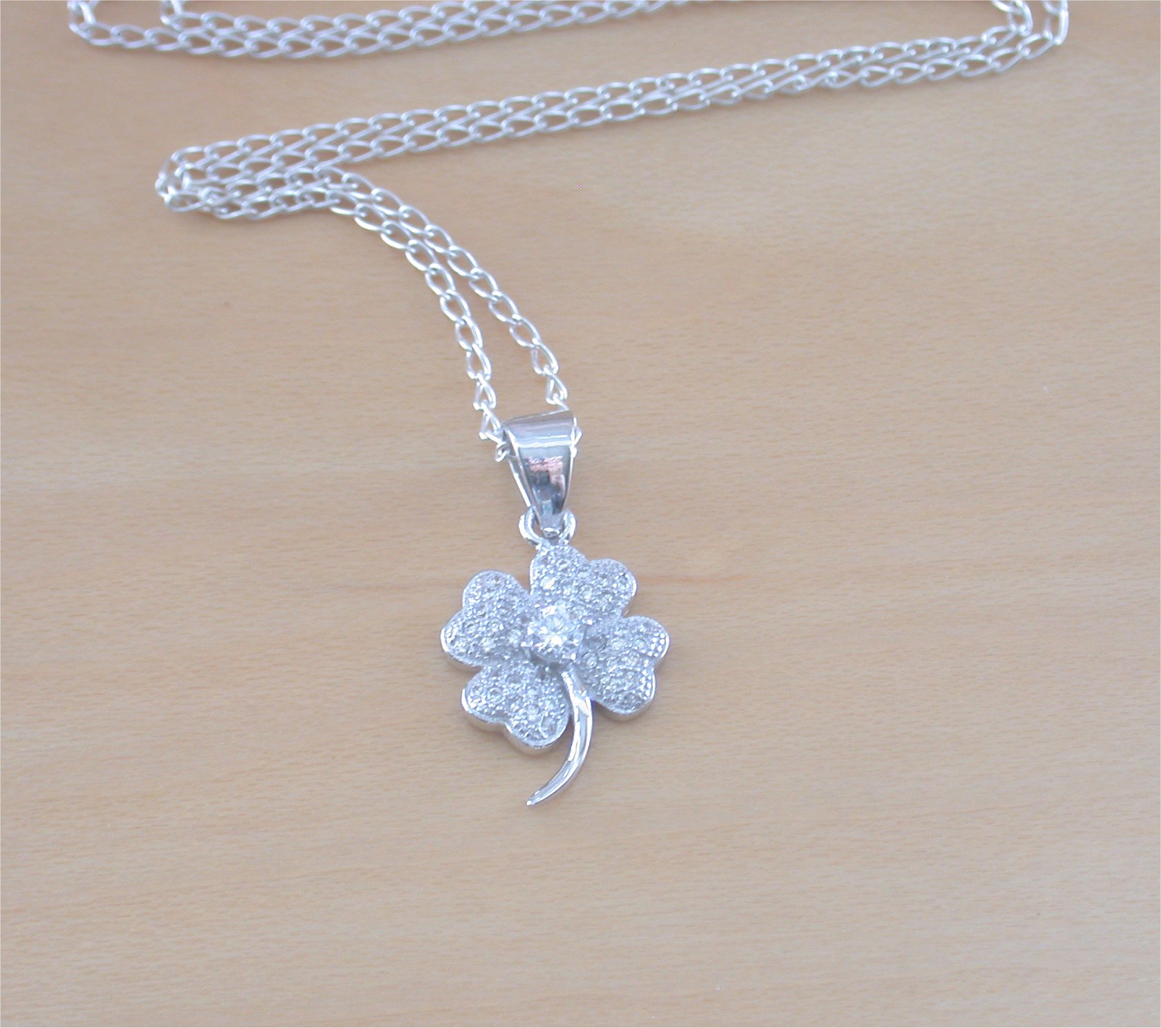 925 Cz Crystal Shamrock Pendant with 18" Chain/Four Leaf Clover