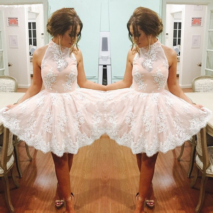 Sweet Pink Homecoming Dress with White Lace, High Neck Mini Homecoming Dress, Key Hole 