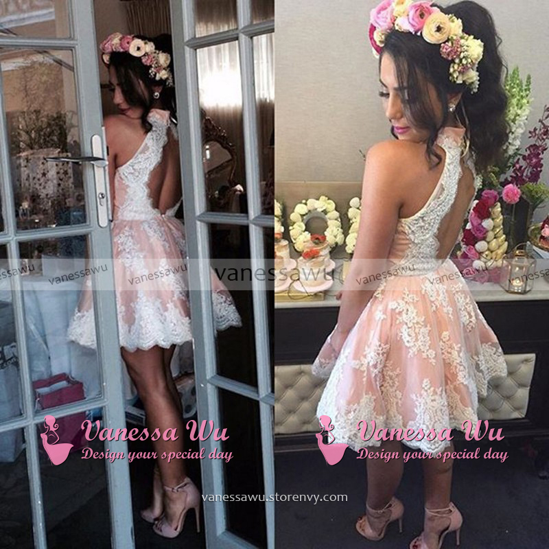 Sexy Hot Pink Homecoming Dresses Halter Neckline Appliqued A line Short Chiffon Lace Homecoming 