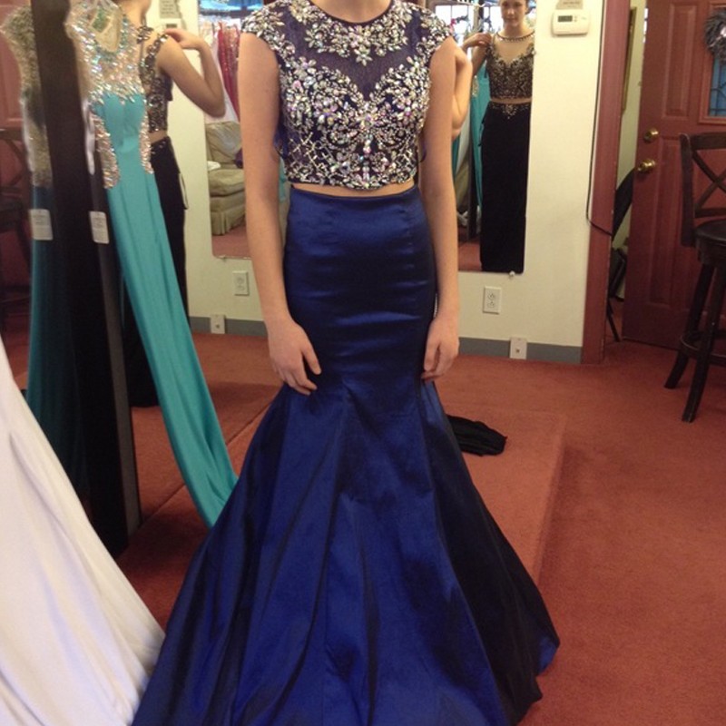 Royal Blue Two Piece prom dresses with Rhinestones Mermaid Evening