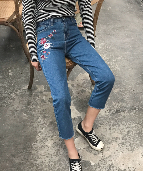 Flower Embroidered Straight Leg Jeans on Storenvy
