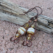 Dark Copper Wire Earrings with Brown/Tan Beads