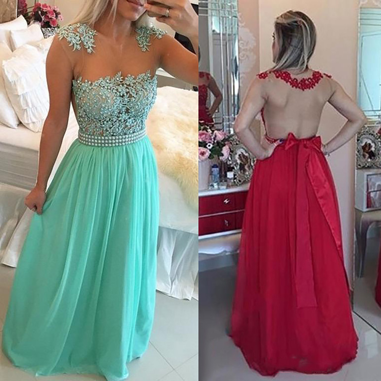 Exclusive Long Prom Dress with Beaded Belt, Aline Mint Chiffon Prom
