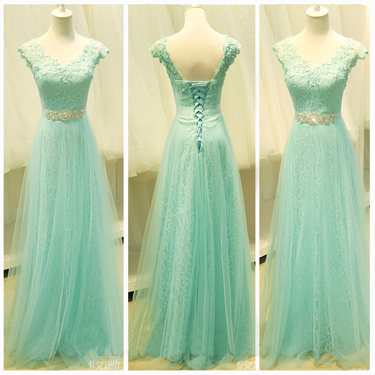Mint lace prom dress,lace prom dress,cap sleeve prom dress,prom dress