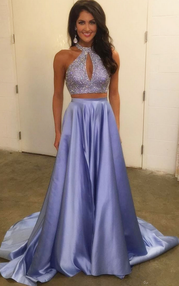 Purple High Neck Prom Dress