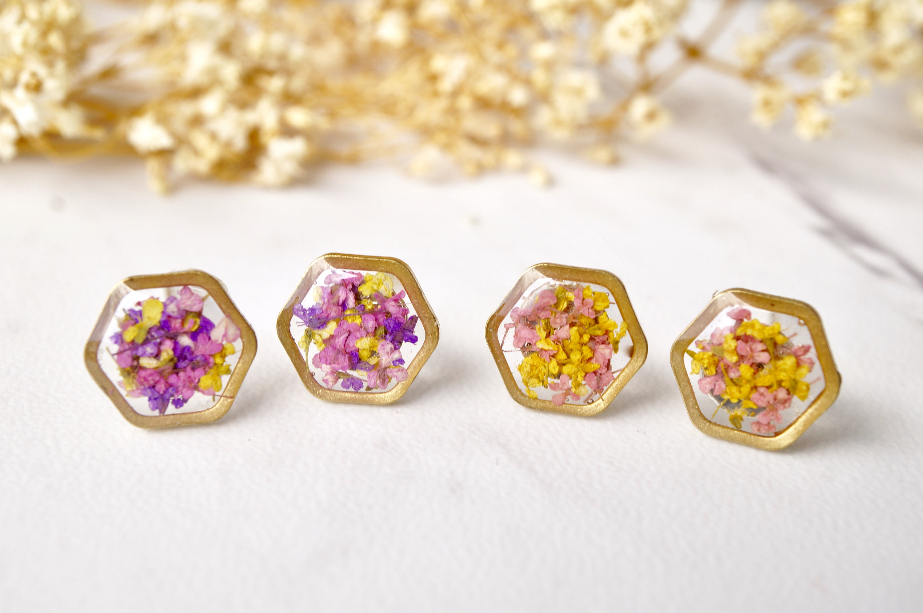 Real Dried Flowers and Resin Stud Earrings, Gold Hexagon in Purple Pink