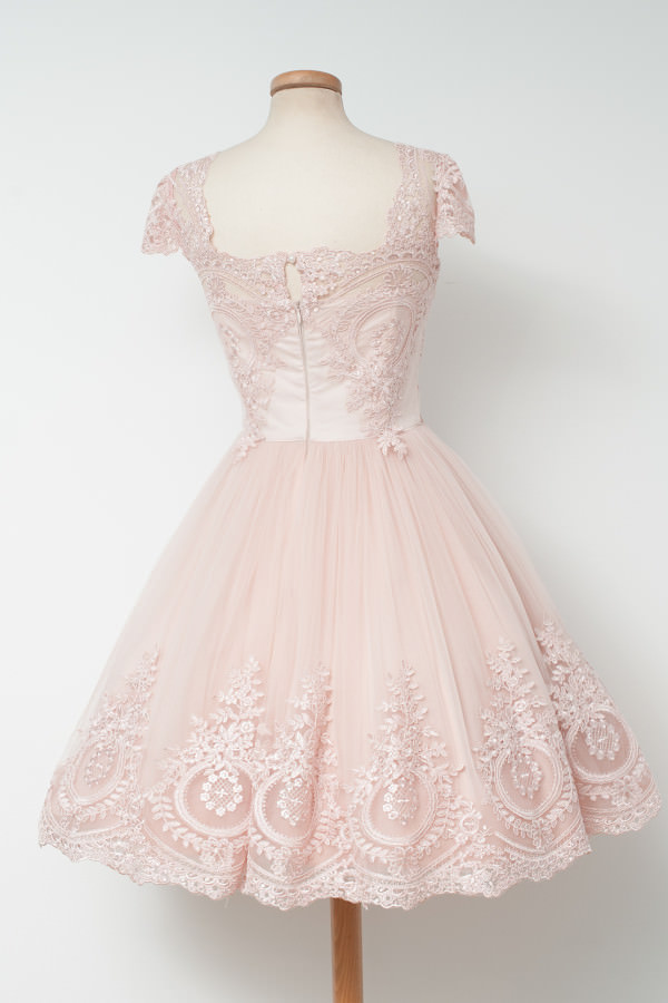 Cap sleeve dress, light pink dress, lace/applique
