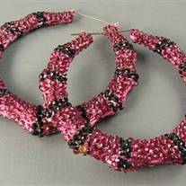 Lrg Pink & Black Bamboo Rhinestone Hoop Earrings
