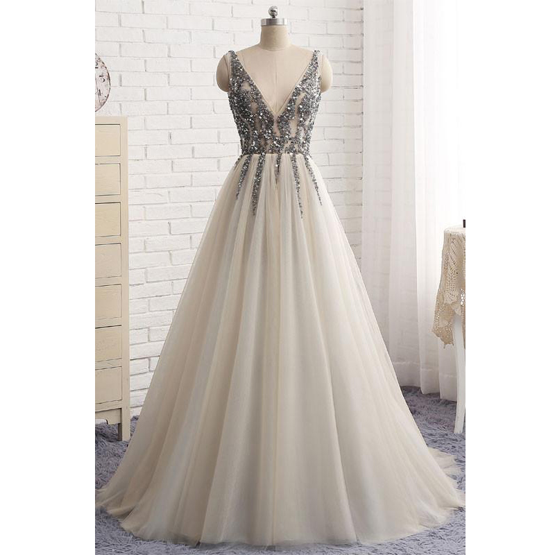 Silver V Neck Sleeveless A Line Tulle Prom Dress,Open Back Formal