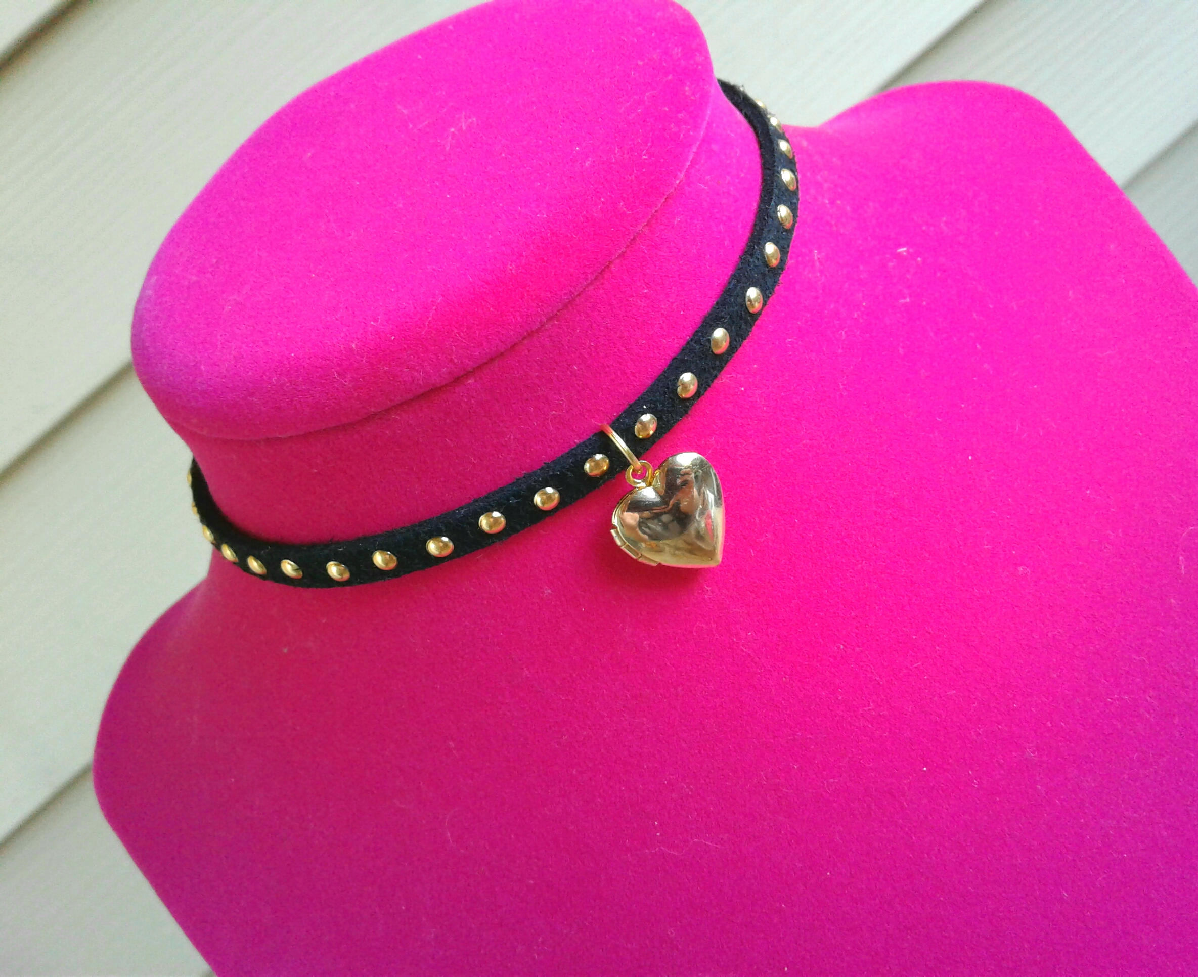 Studded Black Leather Choker Gold Heart Locket Necklace Gold Studded Black Leather Choker