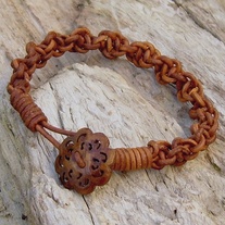 Brown Macrame Leather Bracelet with Carved Horn Button Toggle