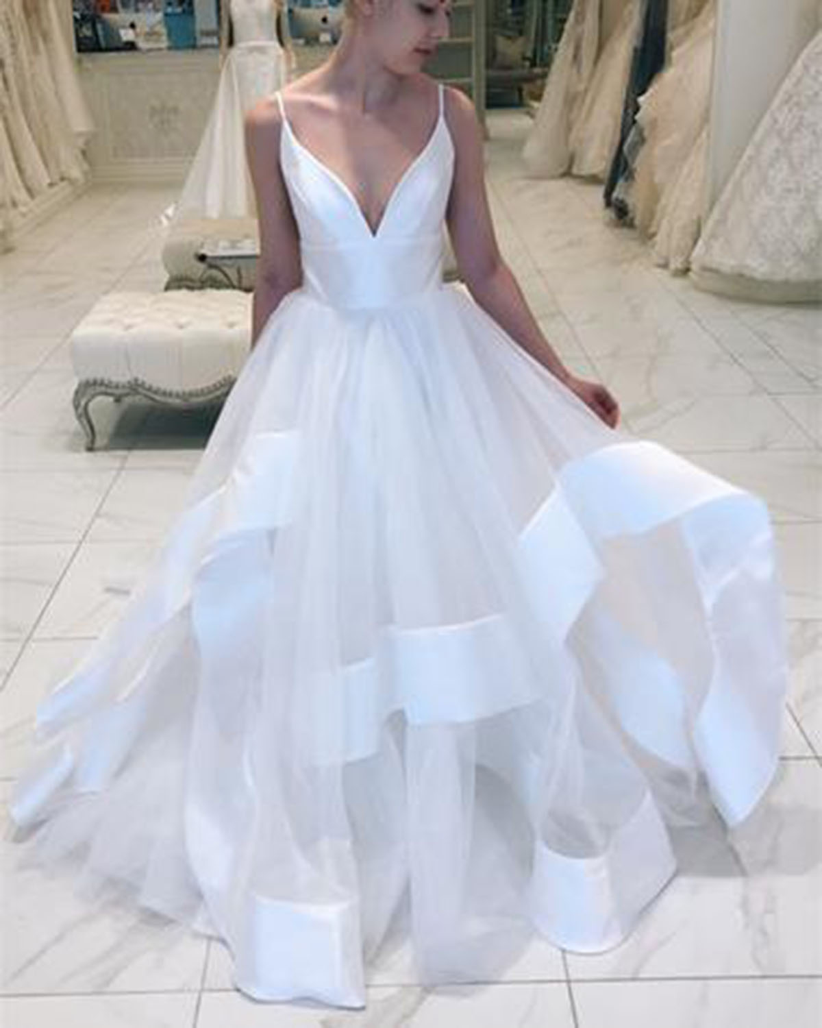 White tulle spaghetti straps V neck 