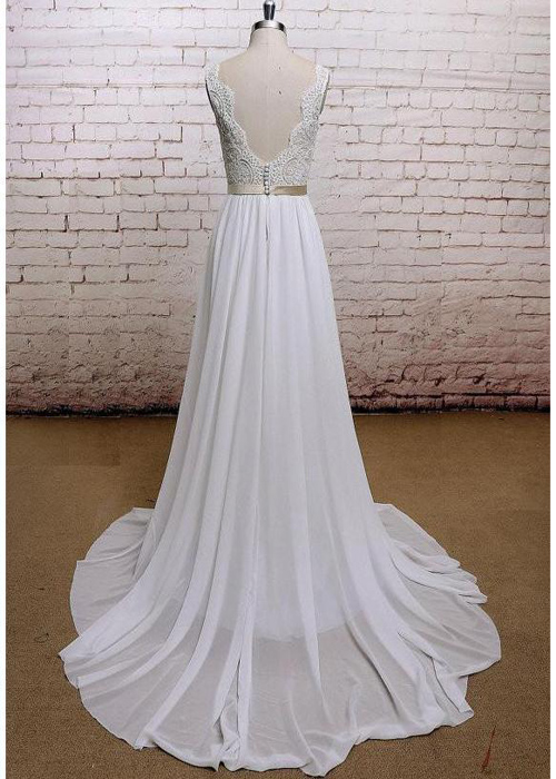 ALine VNeck Chiffon Lace Sleeveless Long Beach Wedding Dresses,WD100