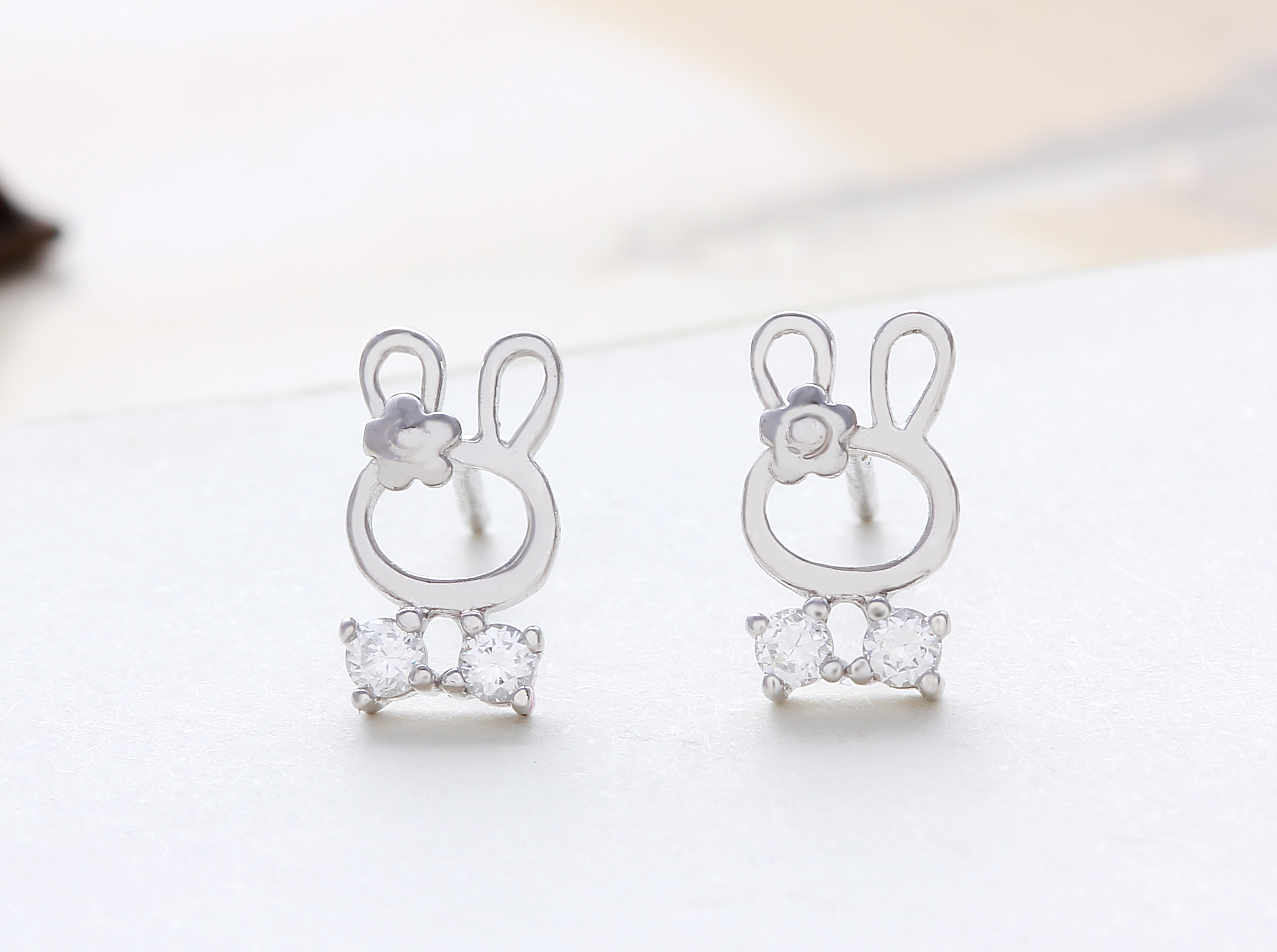 Cute Sterling Silver Bunny Rabbit Stud Earrings w/ Round Cubic Zirconia