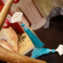 White Fan, Blue Tassel Dangle Earrings