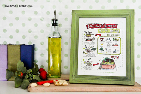 Small Bites Art - Avocado & Tomato Garlic Bread Illustrated Recipe, Kitchen Art, 8x10 Print For Kids