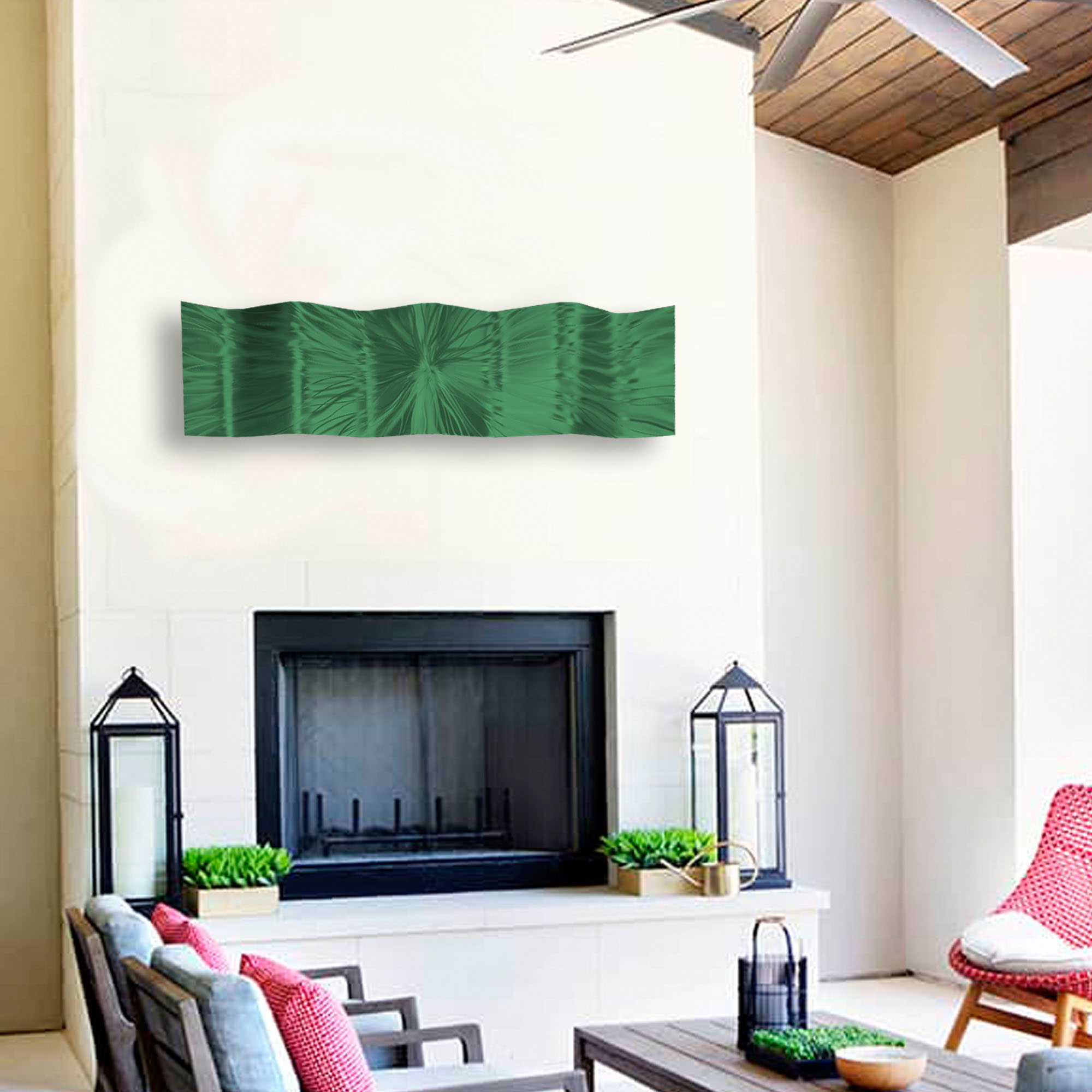 Gratitude Green Metal Wall Sculpture Art, Wavy Pieces, Abstract