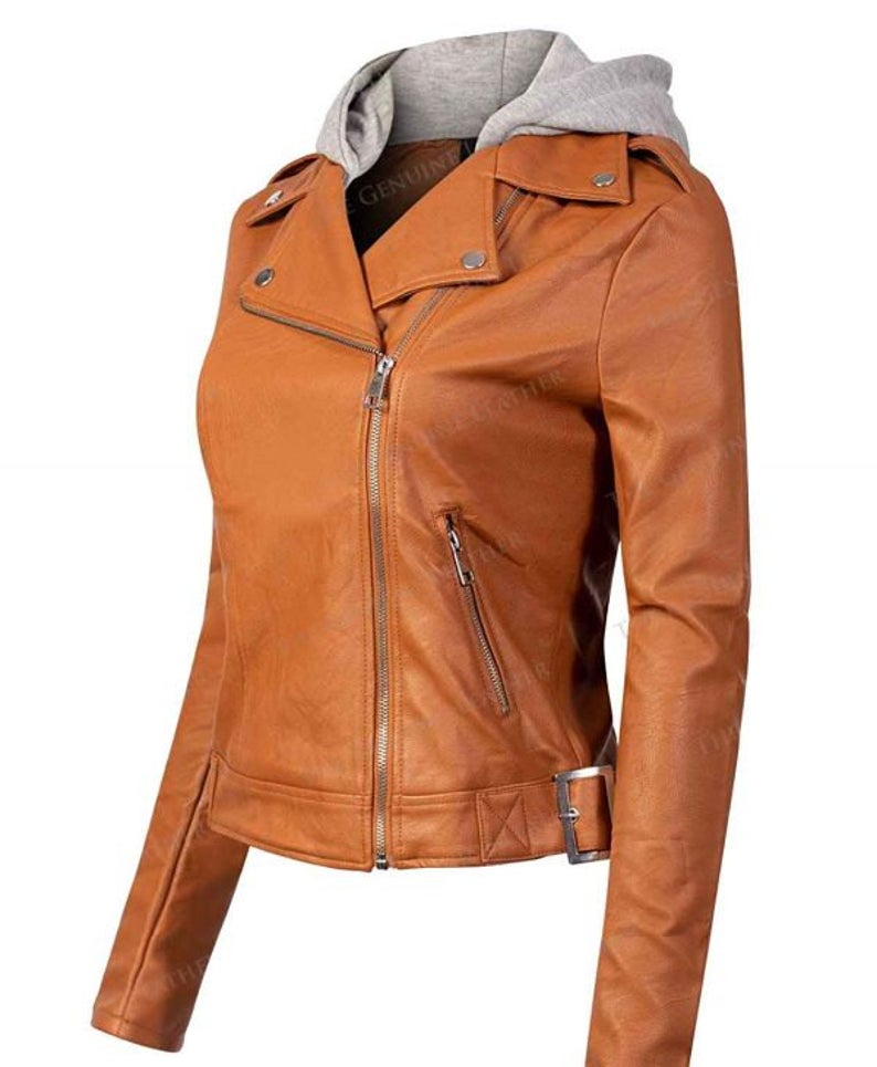Women Orange Stylish Hooded with removable option in Real Leather Jacket Â· Rangoli Collection 