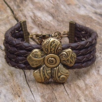 Antique Brass Flower and Leather Bolo Cord Cuff Bracelet