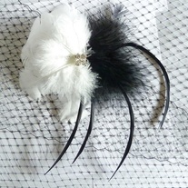 Black and White Feather Hair Fascinator with Rhinestone Center  - Thumbnail 2