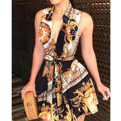 V-neck print sexy sleeveless dress