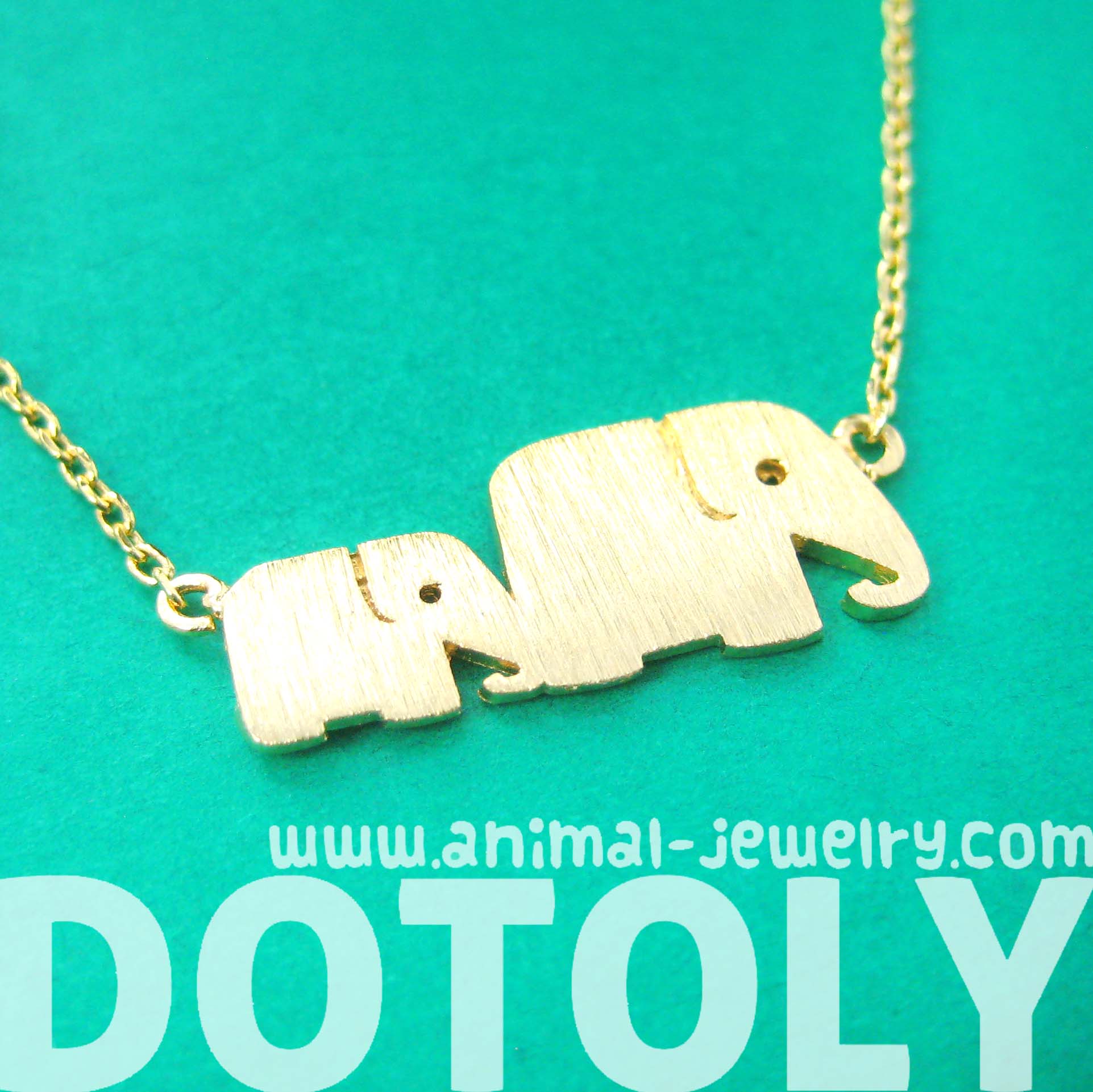 Simple Elephant Baby and Mother Family Pendant Necklace in Gold