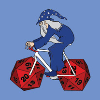 Wizard riding bike with 20 sided die wheels, 5x5 print