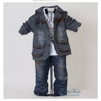 IN STOCK 1 Y to 3Y  Boys 3 Piece Suit Coat Top and Jeans Brown and Black Stripe Jacket Coat