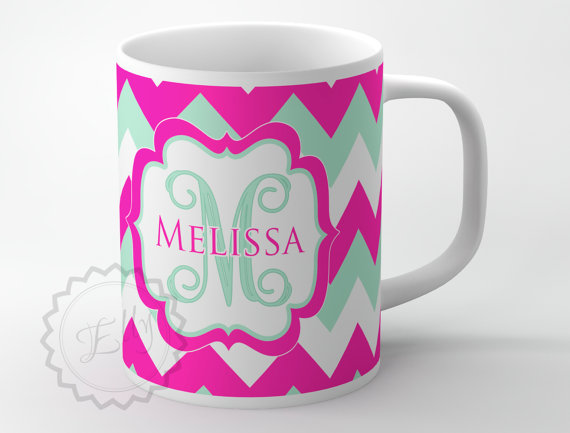 monogrammed coffee cup magenta and mint chevron personalized