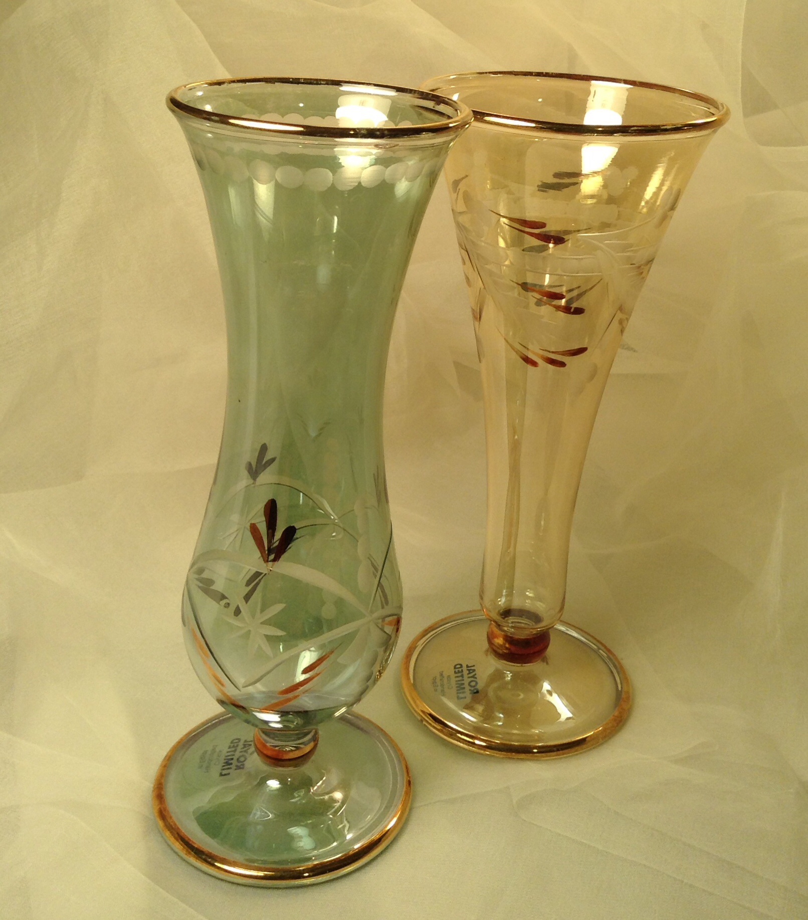New Vintage Etched Crystal Vases; Iridescent Set of 2