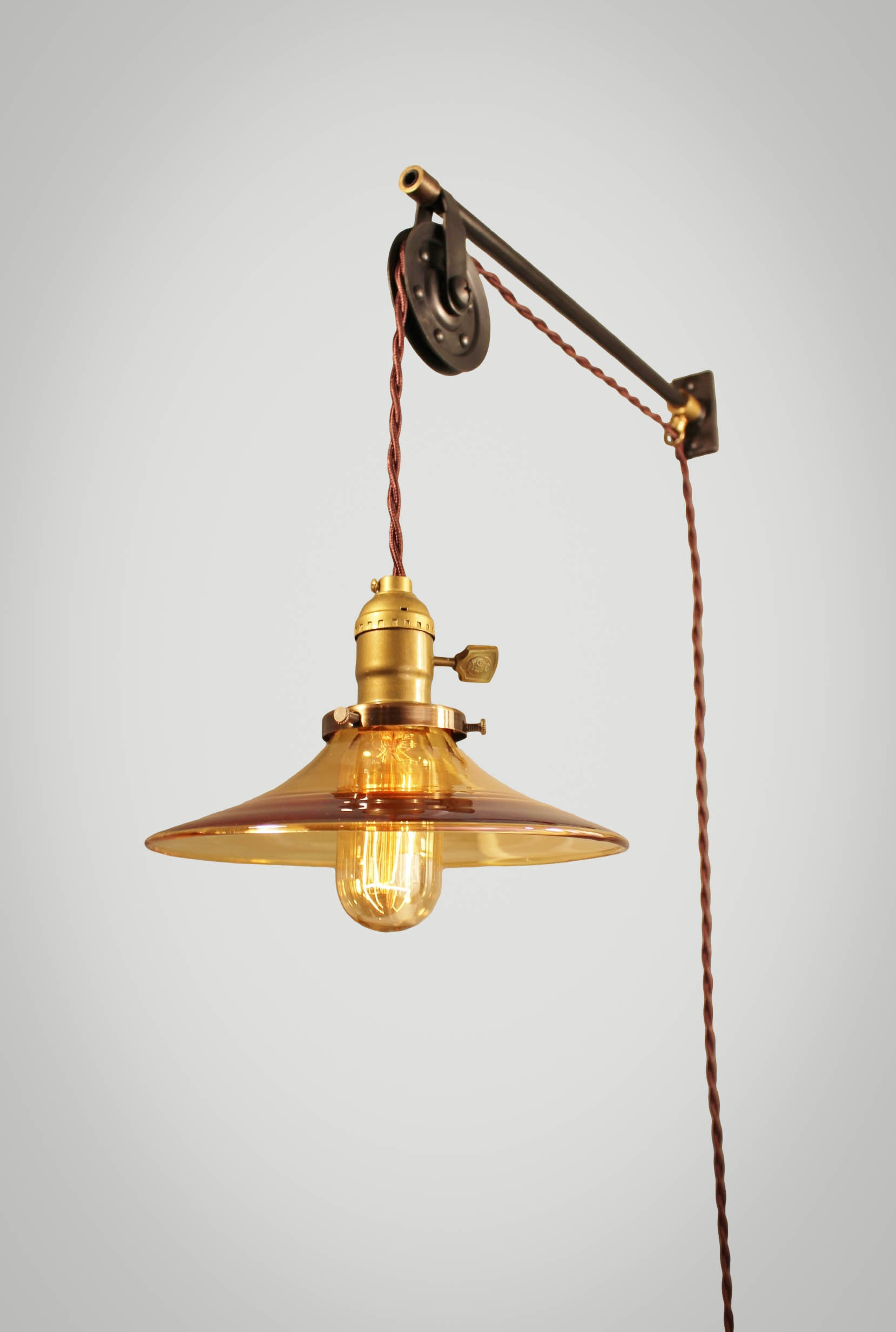 Vintage Industrial Pulley Lamp w/ Amber Glass Shade