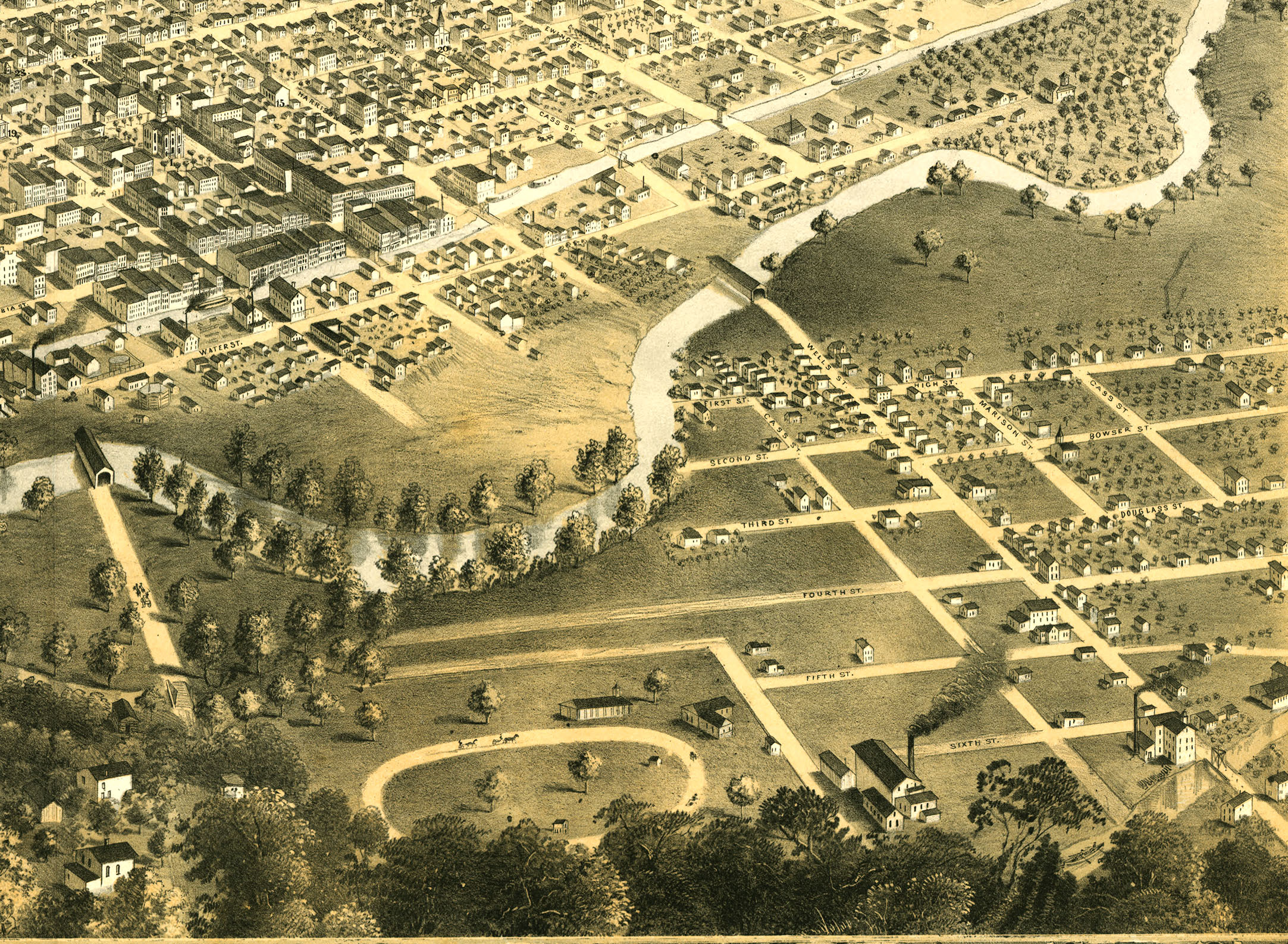 Fort Wayne, Indiana in 1868 Bird's Eye View Map, Aerial Map, Panorama