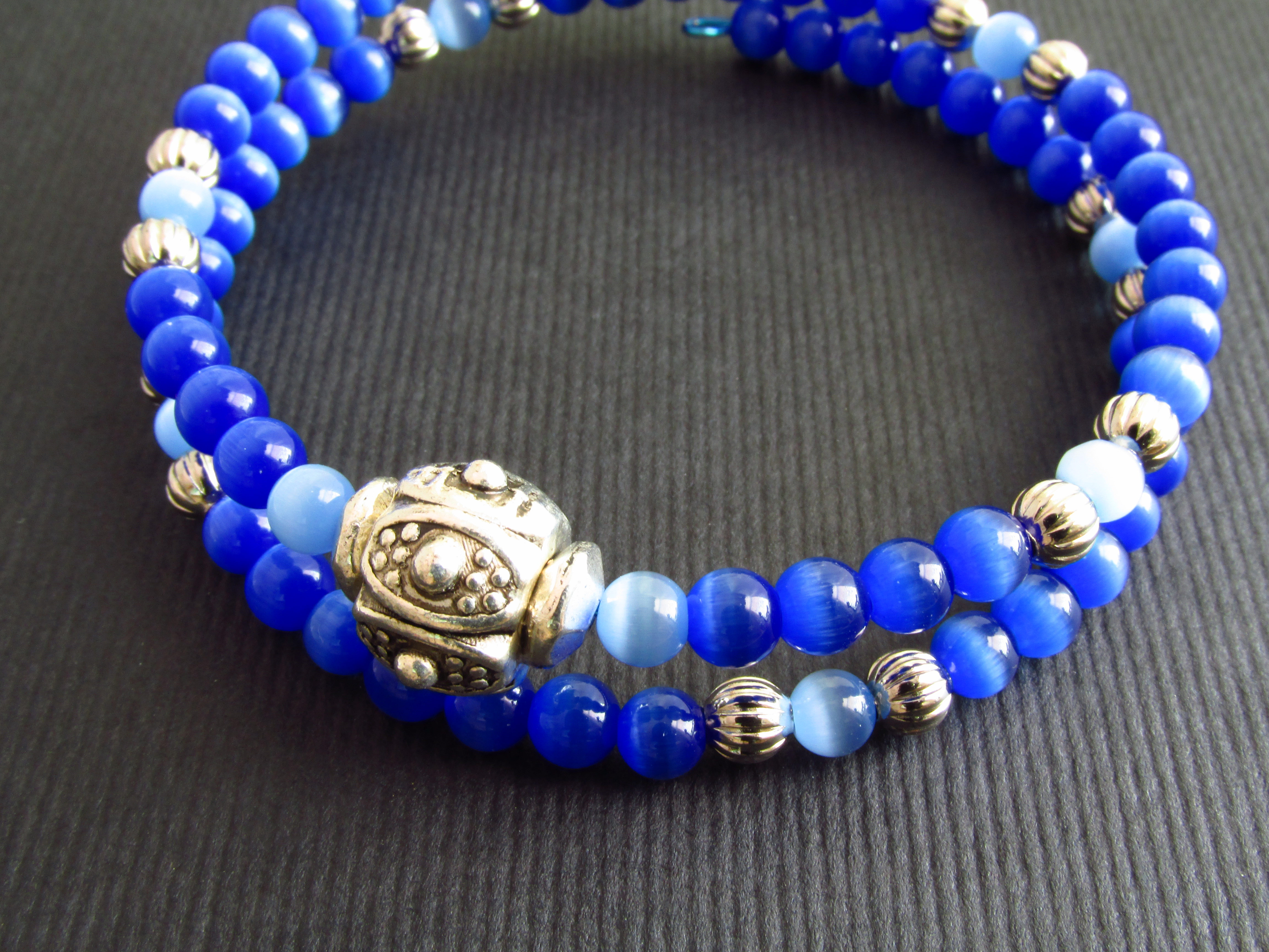 Blue Cats Eye Memory Wire Bracelet, blue bracelet, wrap bracelet