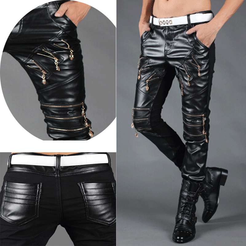 Black Punk Mens Rock Band Faux Leather Zipper Motorcycle Casual Pants Trousers
