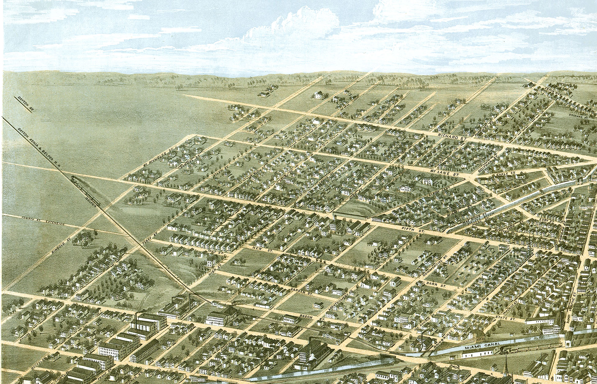 Dayton, Ohio in 1870 Bird's Eye View Map, Aerial, Panorama map