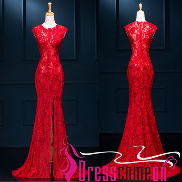 red lace mermaid gown