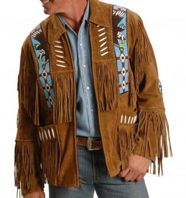 Handmade Men Tan color Suede Leather Western Cowboy Jacket Men Fringe